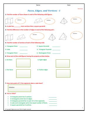 Preview image for worksheet with title Faces, Edges, and Vertices - I