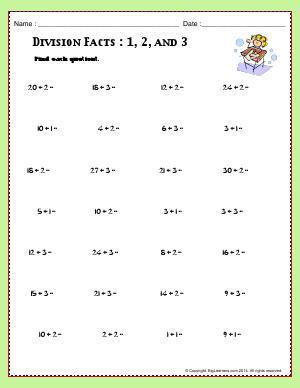 Preview image for worksheet with title Division Facts : 1, 2, and 3