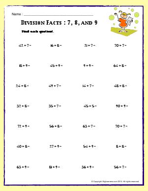 Preview image for worksheet with title Division Facts : 7, 8, and 9