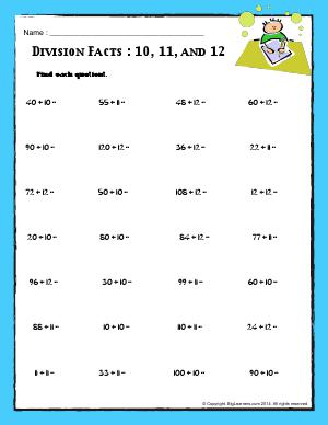 Preview image for worksheet with title Division Facts : 10, 11, and 12