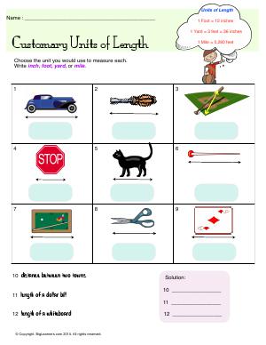 Preview image for worksheet with title Customary Units of Length