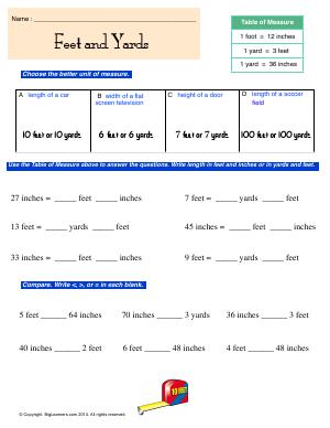 Preview image for worksheet with title Feet and Yards