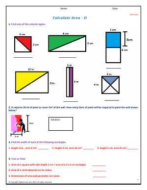 Preview image for worksheet with title Calculate Area - II