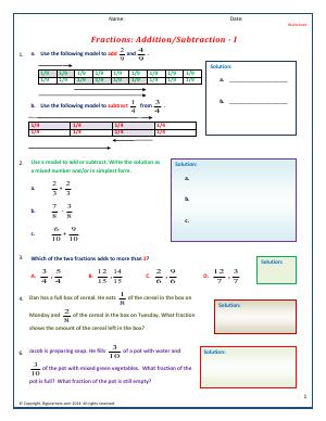 Preview image for worksheet with title Fractions : Addition/Subtraction - I