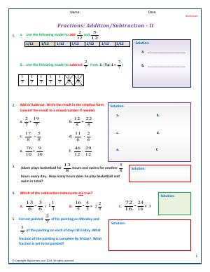 Preview image for worksheet with title Fractions : Addition/Subtraction - II