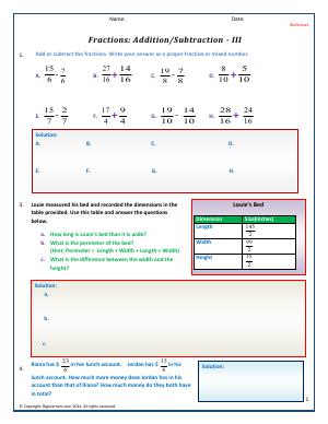 Preview image for worksheet with title Fractions : Addition/Subtraction - 3