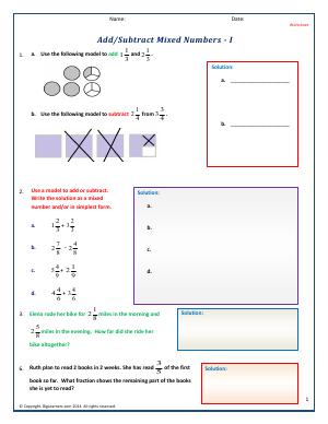 Preview image for worksheet with title Add/Subtract Mixed Numbers - I