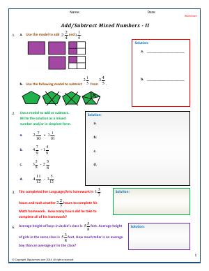 Preview image for worksheet with title Add/Subtract Mixed Numbers - II