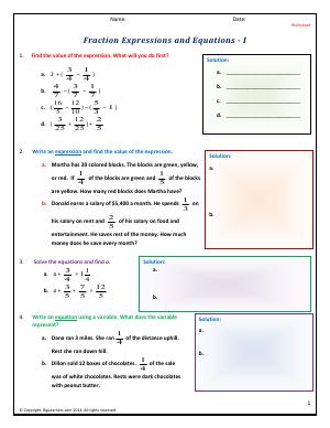 Preview image for worksheet with title Fraction Expressions and Equations - I