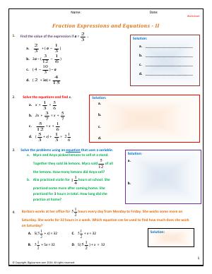 Preview image for worksheet with title Fraction Expressions and Equations - II