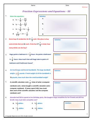 Preview image for worksheet with title Fraction Expressions and Equations - III