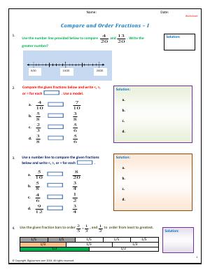 Preview image for worksheet with title Compare and Order Fractions - I