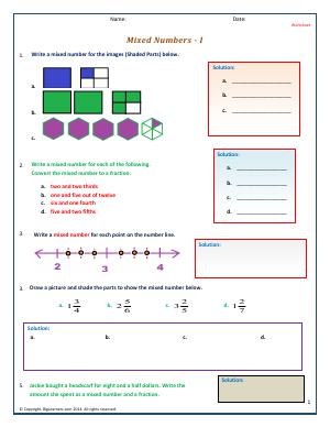 Preview image for worksheet with title Mixed Numbers - I