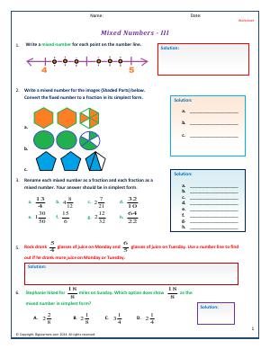 Preview image for worksheet with title Mixed Numbers - III