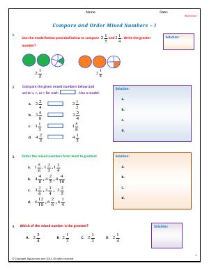 Preview image for worksheet with title Compare and Order Mixed Numbers - I