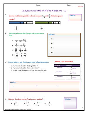 Preview image for worksheet with title Compare and Order Mixed Numbers - II