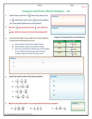 Preview image for worksheet with title Compare and Order Mixed Numbers - III
