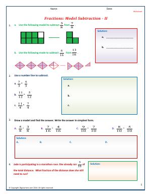 Preview image for worksheet with title Fractions: Model Subtraction - II