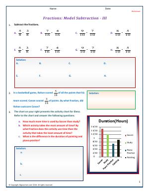 Preview image for worksheet with title Fractions: Model Subtraction - III