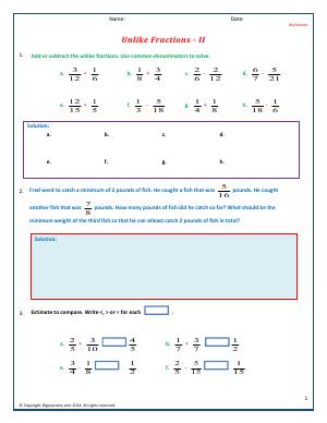 Preview image for worksheet with title Unlike Fractions - II