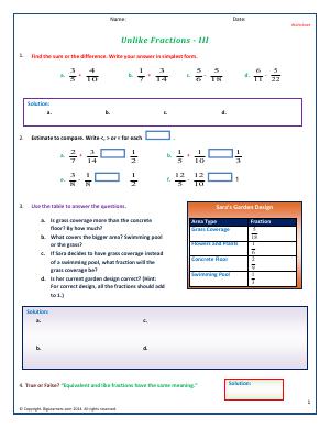 Preview image for worksheet with title Unlike Fractions - II