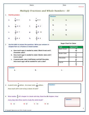 Preview image for worksheet with title Multiply Fractions and Whole Numbers - III
