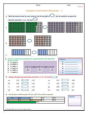 Preview image for worksheet with title Compare and Order Decimals - I