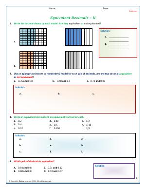 Preview image for worksheet with title Equivalent Decimals - II