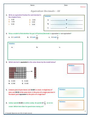 Preview image for worksheet with title Equivalent Decimals - III