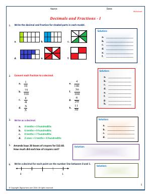 Preview image for worksheet with title Decimals and Fractions - I
