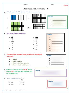 Preview image for worksheet with title Decimals and Fractions - II