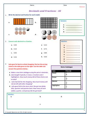Preview image for worksheet with title Decimals and Fractions - III