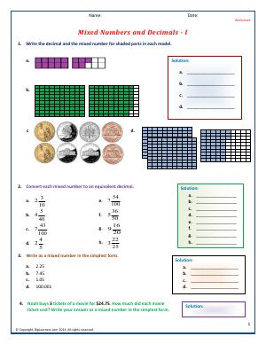 Preview image for worksheet with title Mixed Numbers and Decimals -  I