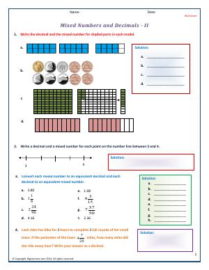Preview image for worksheet with title Mixed Numbers and Decimals - II