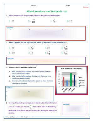 Preview image for worksheet with title Mixed Numbers and Decimals - III