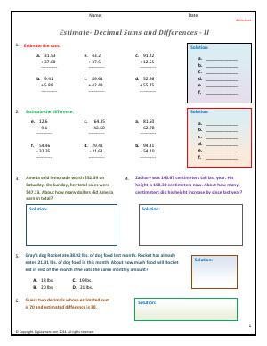 Preview image for worksheet with title Estimate - Decimals Sums and Differences - II