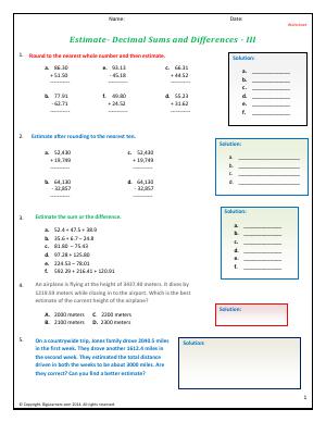 Preview image for worksheet with title Estimate - Decimals Sums and Differences - III