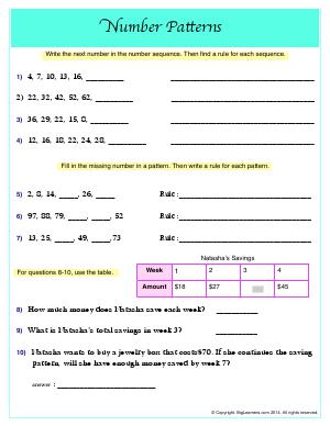 Preview image for worksheet with title Number Patterns