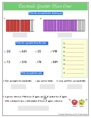 Preview image for worksheet with title Decimals Greater Than One