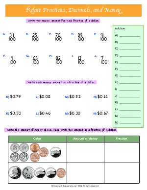 Preview image for worksheet with title Relate Fractions, decimals, and Money