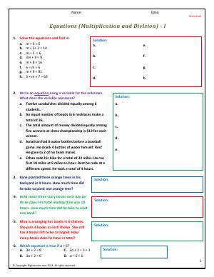 Preview image for worksheet with title Equations (Multiplication and Division) - I