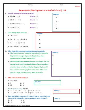 Preview image for worksheet with title Equations (Multiplication and Division) - II