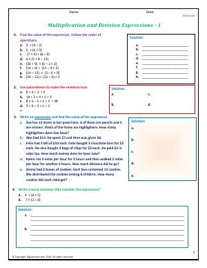 Preview image for worksheet with title Multiplication and Division Expressions - I