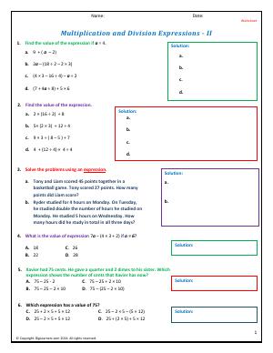 Preview image for worksheet with title Multiplication and Division Expressions - II