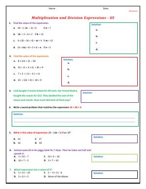 Preview image for worksheet with title Multiplication and Division Expressions - III