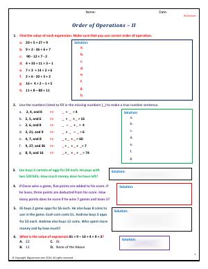 Preview image for worksheet with title Order of Operations - II