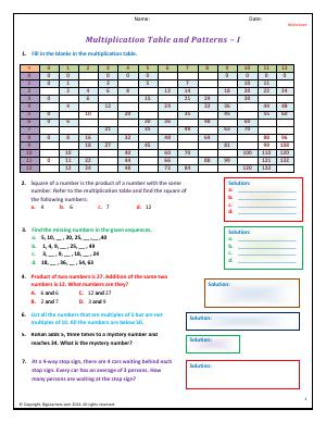 Preview image for worksheet with title Multiplication Table and Patterns - I