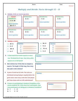 Preview image for worksheet with title Multiply and Divide: Facts through 12 - II