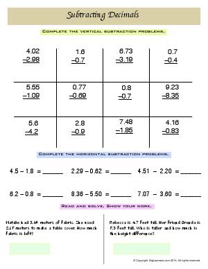 Preview image for worksheet with title Subtracting Decimals