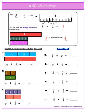 Preview image for worksheet with title Add Like Fractions